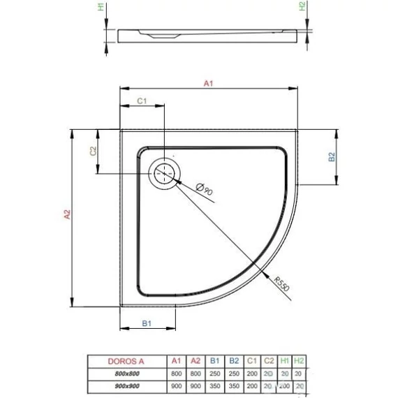 RADAWAY Doros A íves akril zuhanytálca szifonnal 90x90, fehér