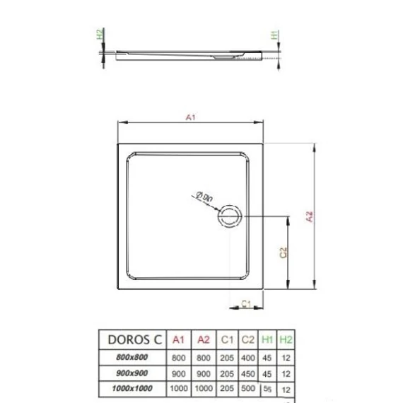 RADAWAY Doros C szögletes akril zuhanytálca szifonnal 90x90, fehér