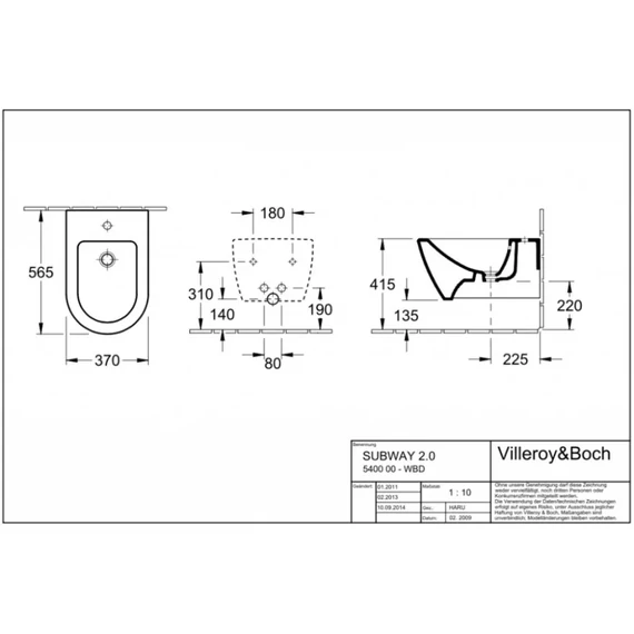 VILLEROY Subway 2.0 fali bidé, 565x375, Glossy White Alpin