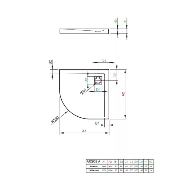 RADAWAY Argos A íves akril zuhanytálca szifonnal 90x90, fehér