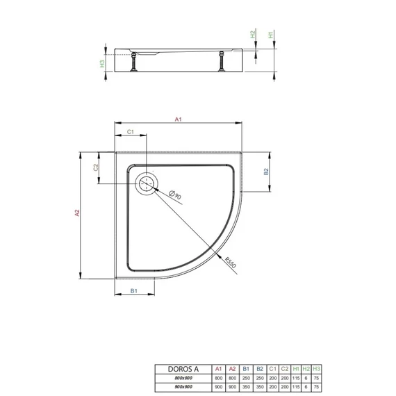 RADAWAY Doros A íves akril zuhanytálca szifonnal 80x80, fehér