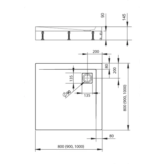 RADAWAY Argos C szögletes akril zuhanytálca szifonnal, állítható lábakkal 80x80, fehér