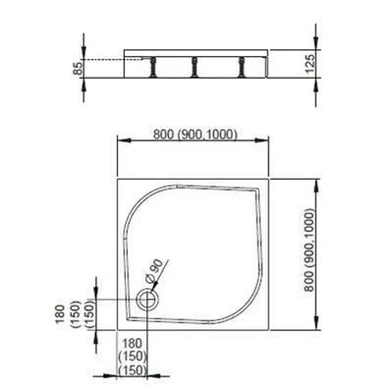 RADAWAY Paros C szögletes műmárvány zuhanytálca szifonnal, állítható lábakkal 90x90, fehér