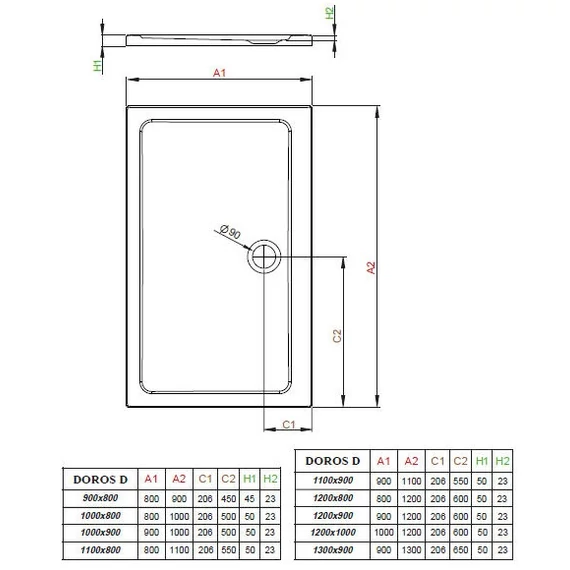 RADAWAY Doros D szögletes akril zuhanytálca szifonnal 110x80, fehér