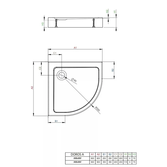 RADAWAY Doros Stone A íves akril zuhanytálca előlappal és szifonnal 90x90, fehér