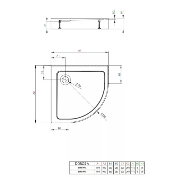 RADAWAY Doros Stone A íves akril zuhanytálca előlappal és szifonnal 90x90, fekete