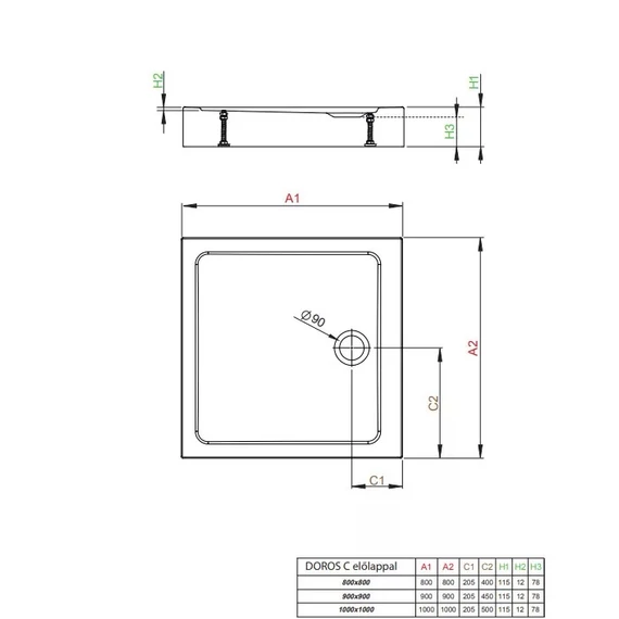 RADAWAY Doros Stone C szögletes akril zuhanytálca előlappal és szifonnal 90x90, fehér
