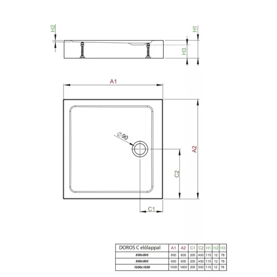 RADAWAY Doros Stone C szögletes akril zuhanytálca előlappal és szifonnal 90x90, fekete