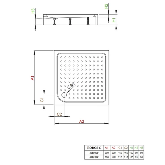 RADAWAY Rodos C szögletes akril zuhanytálca előlappal és szifonnal 90x90, fehér