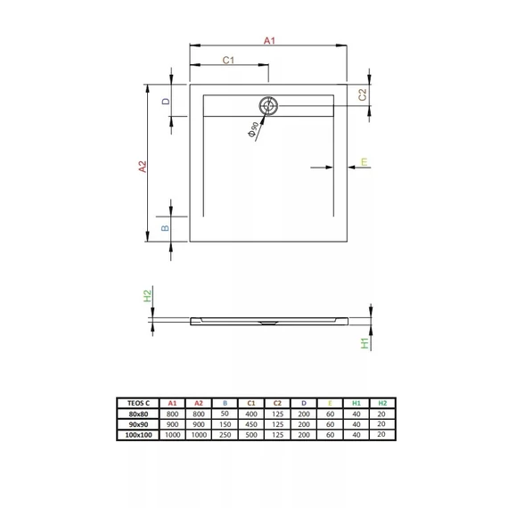 RADAWAY Teos C szögletes műmárvány zuhanytálca szifonnal 90x90, fehér