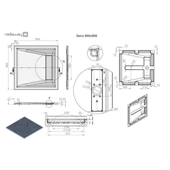 RADAWAY Doris C szögletes műmárvány zuhanytálca szifonnal 90x90, fehér