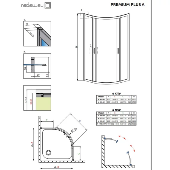 RADAWAY Premium Plus A 1900 zuhanykabin íves átlátszó üveggel 80x80