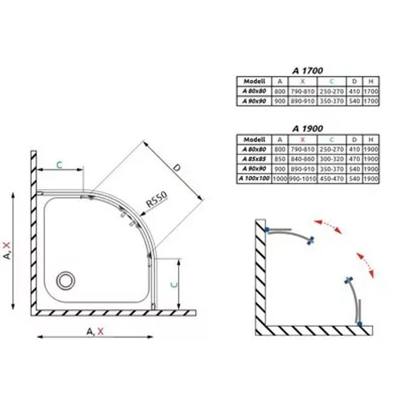 RADAWAY Premium Plus A 1900 zuhanykabin íves átlátszó üveggel 90x90