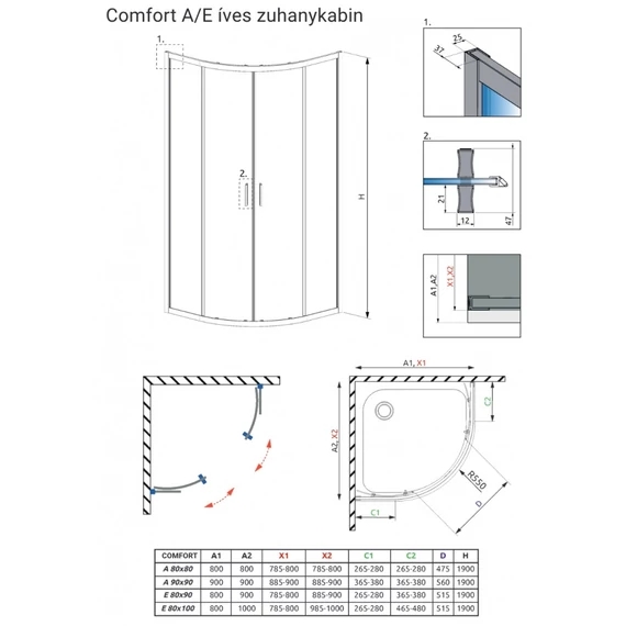 H2O Comfort A 80 negyedköríves zuhanykabin tolóajtóval, átlátszó üveggel, króm színű kerettel 80x80