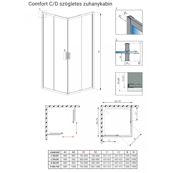H2O Comfort C 80 szögletes zuhanykabin tolóajtóval, átlátszó üveggel, króm színű kerettel 80x80