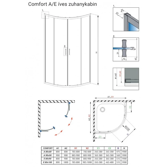 H2O Comfort A 90 negyedköríves zuhanykabin tolóajtóval, átlátszó üveggel, króm színű kerettel 90x90